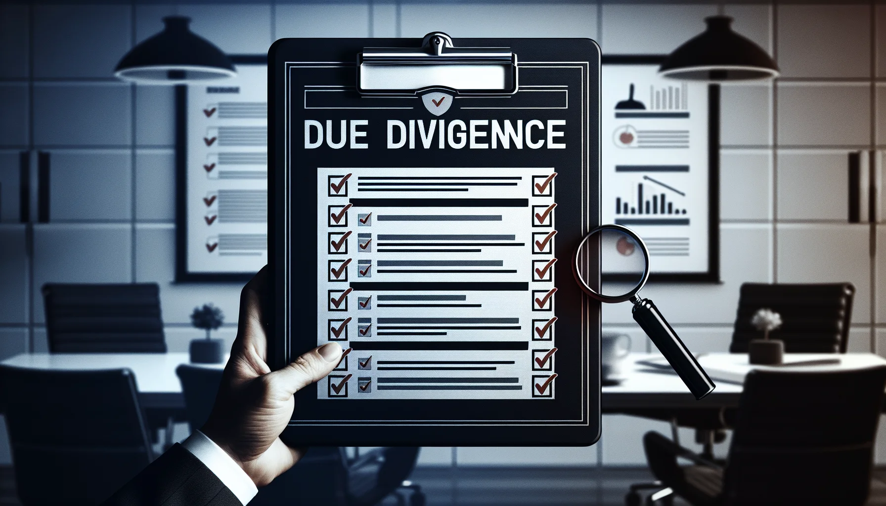 Editorial illustration of a due diligence checklist overlaid on a corporate presentation room