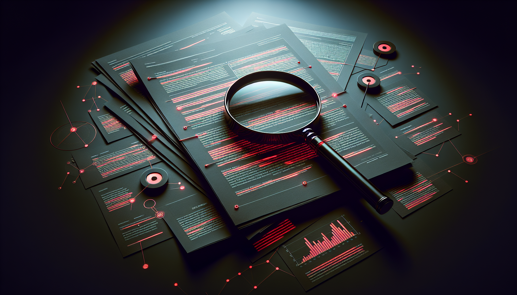 Magnifying glass examining financial document with red annotations