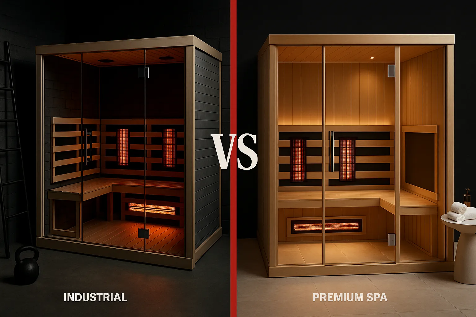 Split-screen comparison of two infrared sauna studios with contrasting fitness and wellness aesthetics