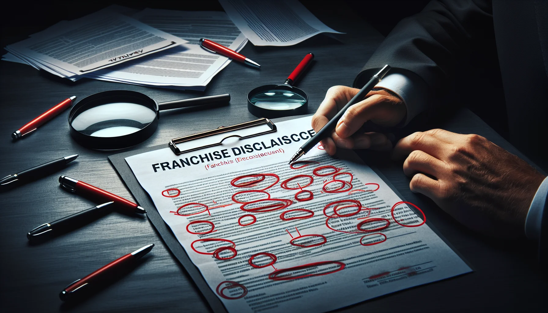 Franchise disclosure document with magnifying glass highlighting key clauses
